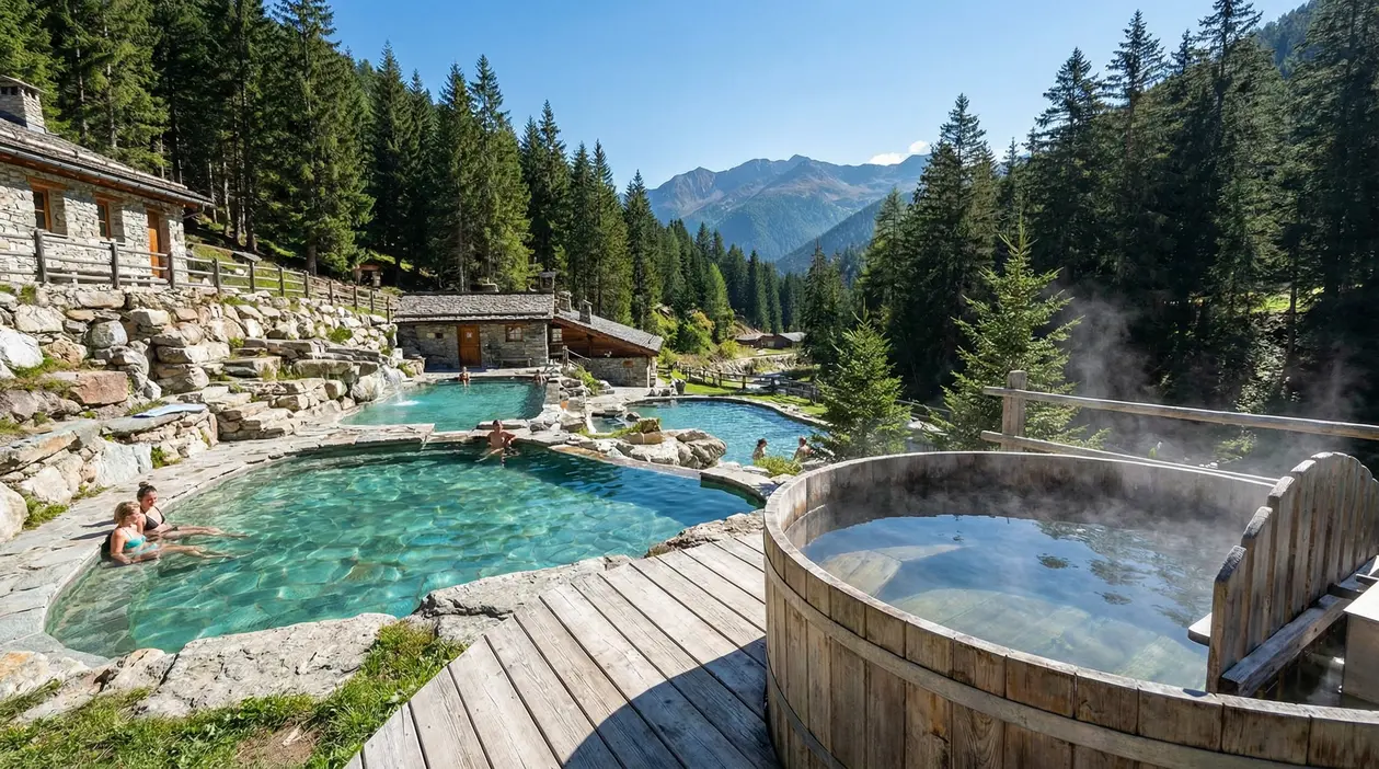 Piscine termali all’aperto tra boschi e montagne, con persone in acqua e vasca in legno fumante in primo piano