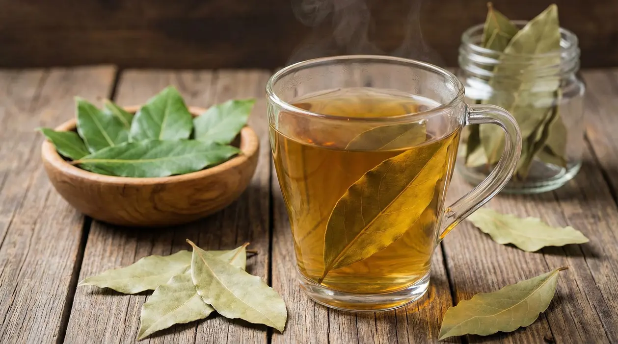 Tazza di tisana all’alloro fumante su tavolo di legno, con foglie di alloro fresche e secche accanto