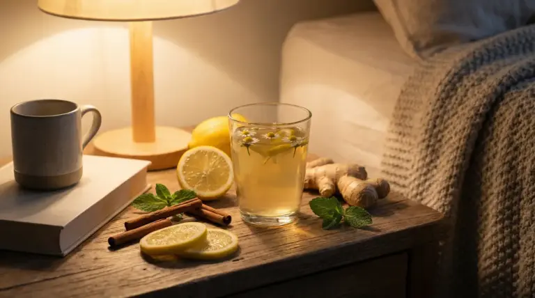 Tisana detox in un bicchiere con limone, zenzero, menta e cannella su comodino accanto al letto