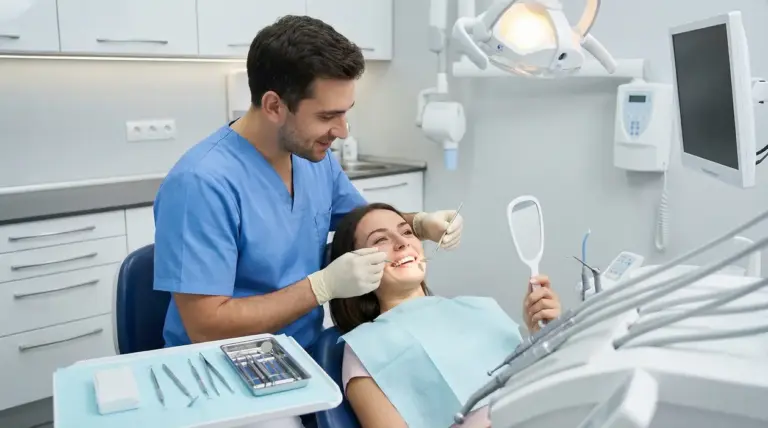 Dentista visita una paziente su poltrona odontoiatrica durante un controllo, in studio con strumenti e lampada.
