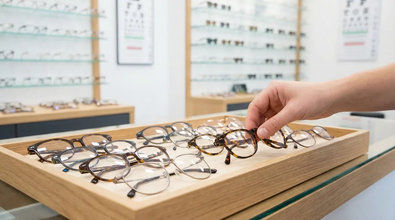 Mano che sceglie una montatura di occhiali da vista su un vassoio in un negozio di ottica