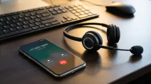 Smartphone con chiamata in arrivo accanto a cuffie con microfono e tastiera su una scrivania da ufficio
