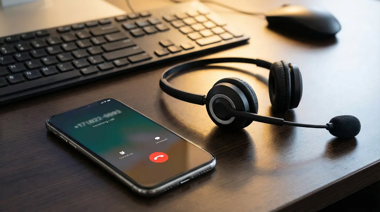 Smartphone con chiamata in arrivo accanto a cuffie con microfono e tastiera su una scrivania da ufficio