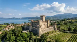 Castello medievale affacciato su un lago, tra colline verdi e vigneti in Italia