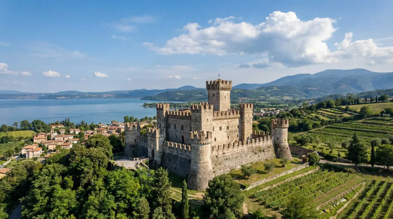 Castello medievale affacciato su un lago, tra colline verdi e vigneti in Italia
