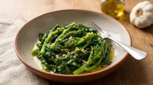 Piatto di cime di rapa condite con olio d’oliva, aglio e peperoncino, servite in una ciotola con forchetta
