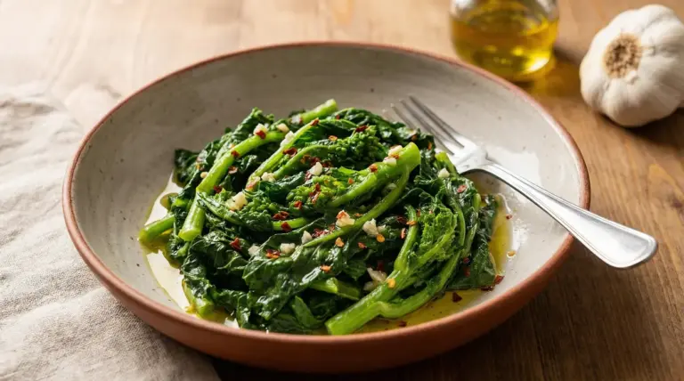 Piatto di cime di rapa condite con olio d’oliva, aglio e peperoncino, servite in una ciotola con forchetta