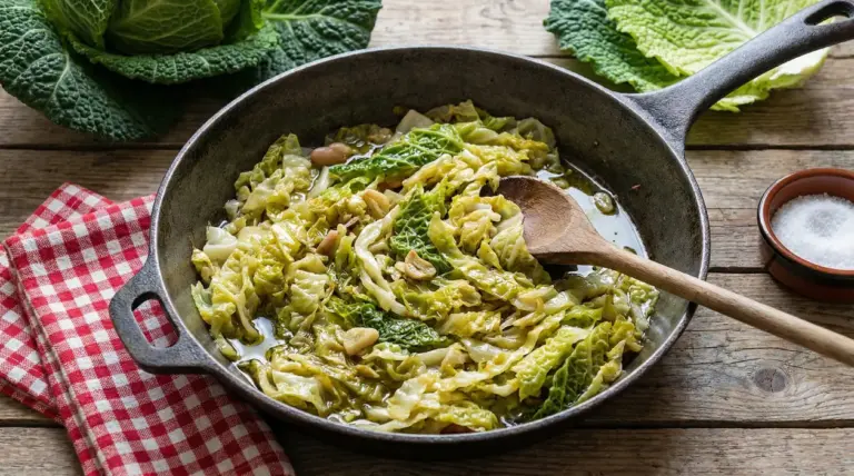 Verza cotta in padella con aglio e olio, servita in una casseruola rustica su tavolo di legno