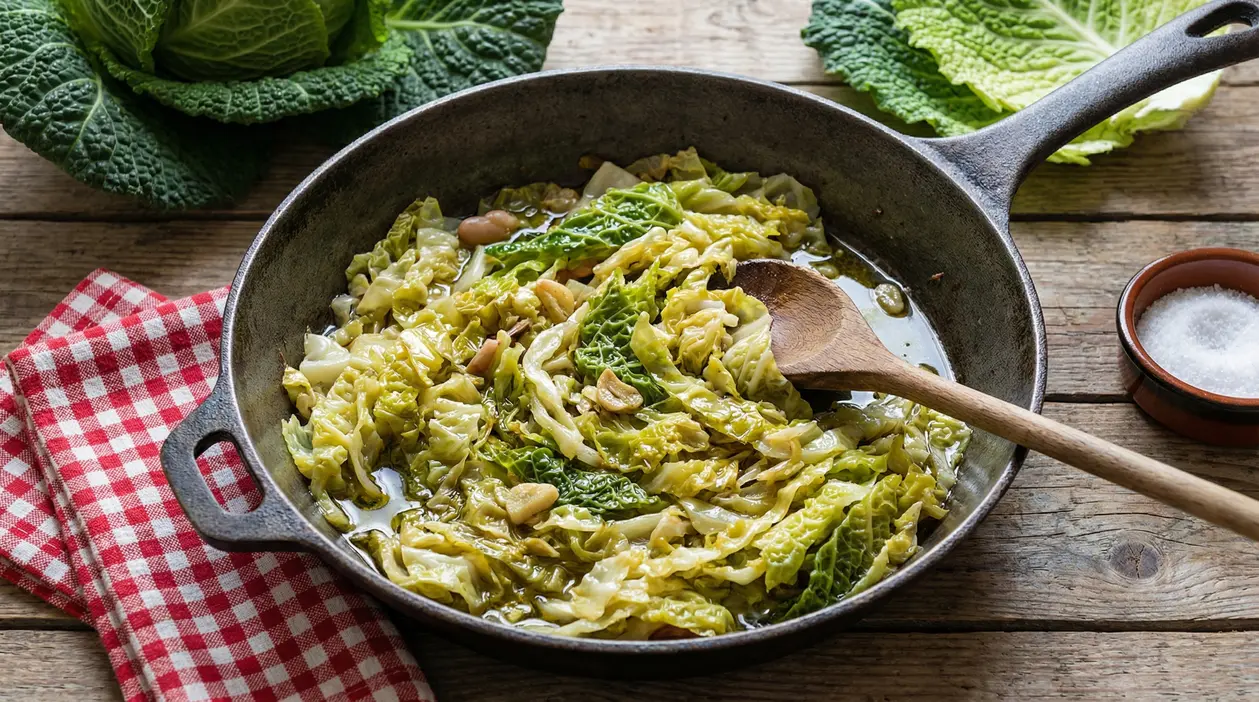 Verza cotta in padella con aglio e olio, servita in una casseruola rustica su tavolo di legno