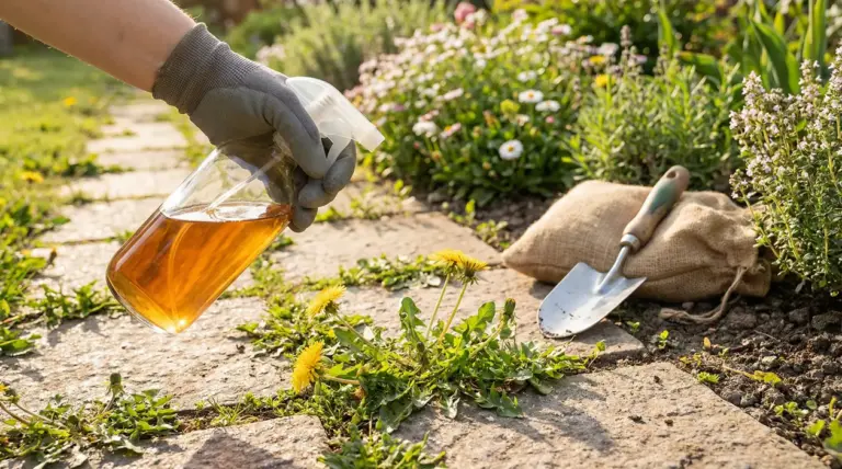 Mano con guanto spruzza un diserbante naturale fai da te sulle erbacce tra le pietre del giardino