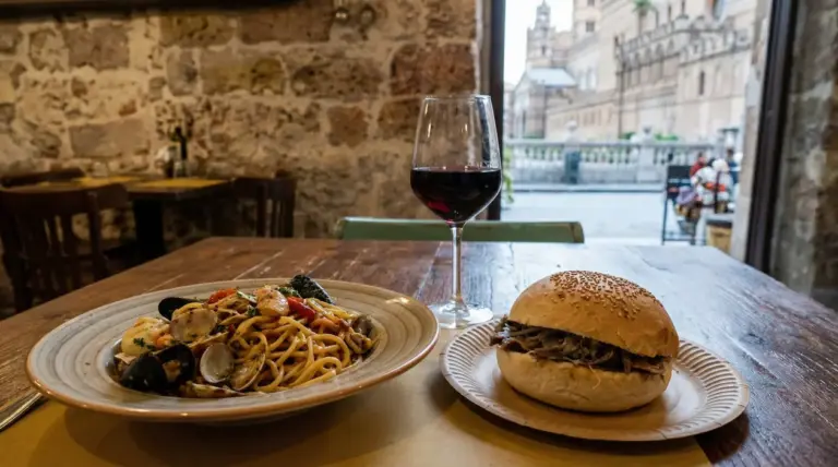 Piatto di pasta ai frutti di mare, panino e bicchiere di vino rosso su un tavolo in trattoria a Palermo