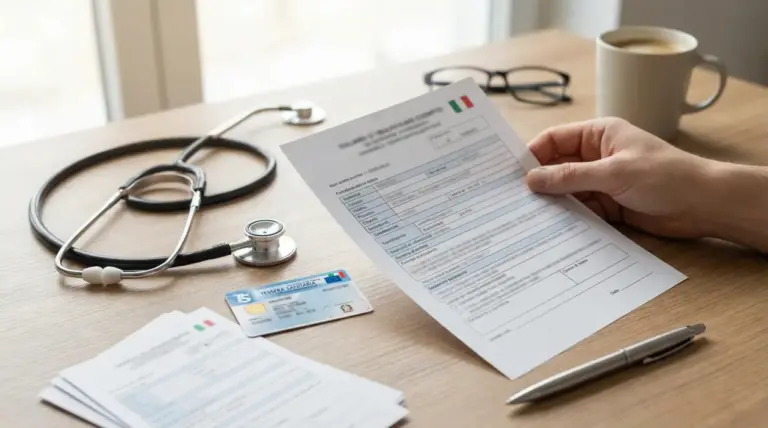 Persona con modulo sanitario e tessera sanitaria su una scrivania, accanto a uno stetoscopio