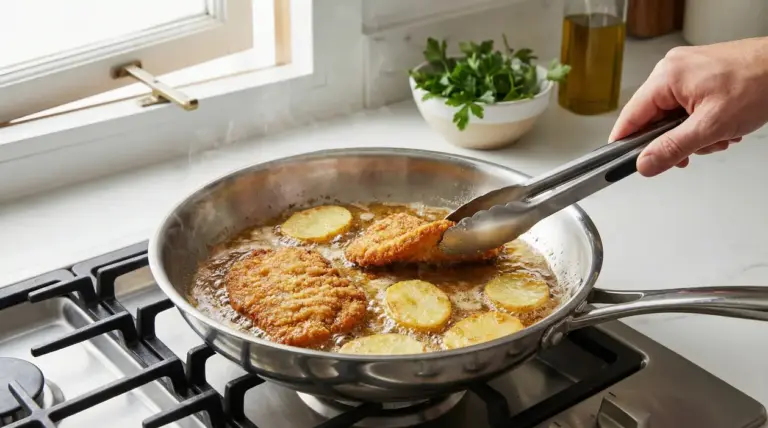 Cotoletta e patate fritte in padella, una mano gira con le pinze vicino a una finestra aperta