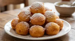 Piatto di frittelle di Carnevale gonfie e leggere, spolverate di zucchero a velo su tavolo di legno