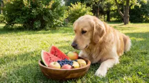 Cane sdraiato sull’erba vicino a una ciotola di frutta con anguria, mirtilli, mele e banane