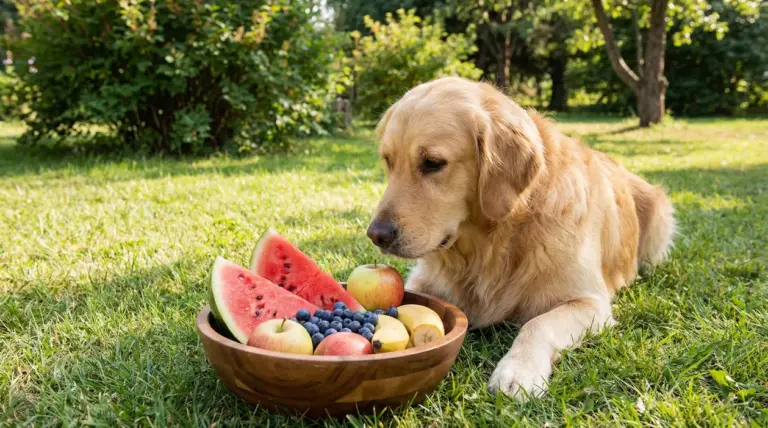 Cane sdraiato sull’erba vicino a una ciotola di frutta con anguria, mirtilli, mele e banane
