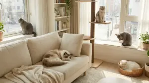 Gatti tranquilli in un soggiorno luminoso: uno sul divano, uno sul tiragraffi e altri vicino alle finestre