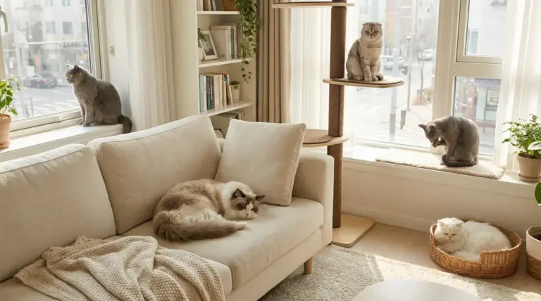 Gatti tranquilli in un soggiorno luminoso: uno sul divano, uno sul tiragraffi e altri vicino alle finestre