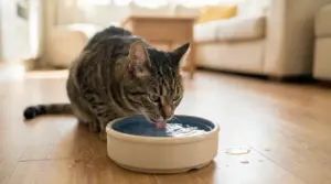 Gatto tigrato che beve da una ciotola d’acqua sul pavimento di casa