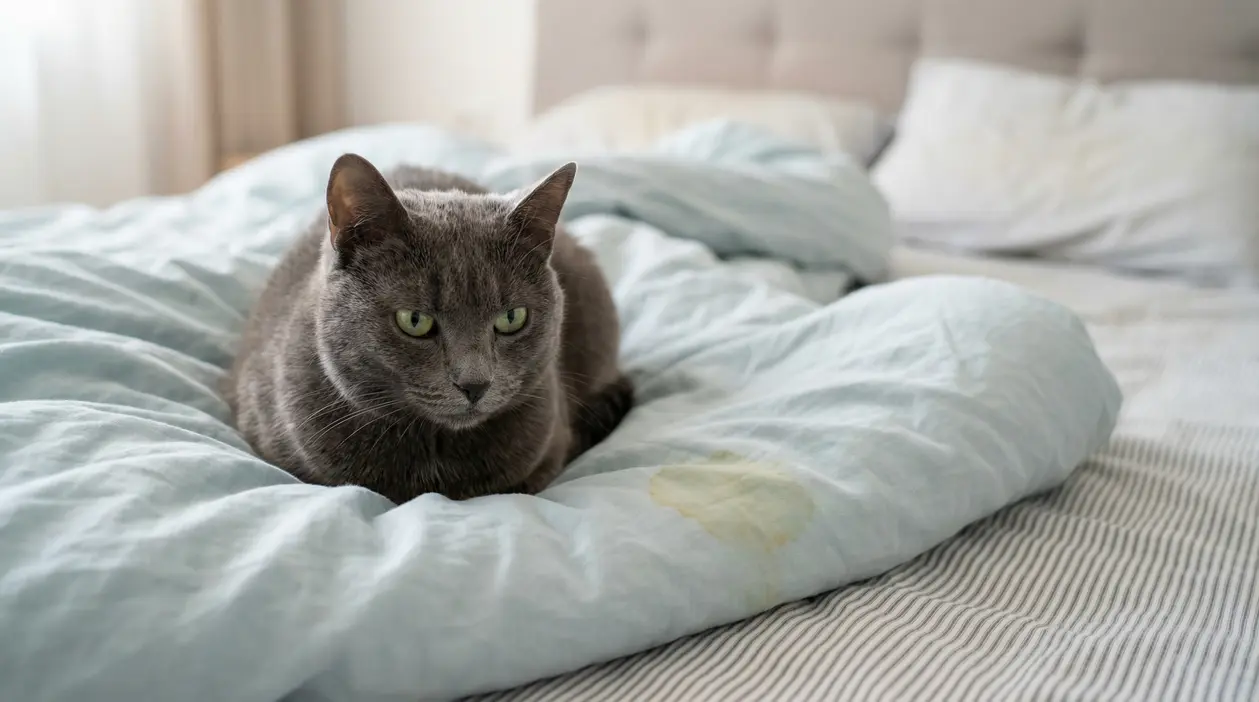 Gatto grigio sul letto con una macchia di urina sulla coperta