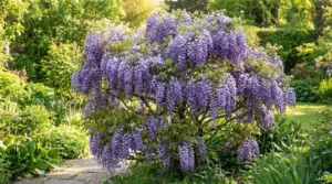 Glicine in fiore con grappoli viola in giardino, cresce senza sostegni e forma un piccolo albero ornamentale