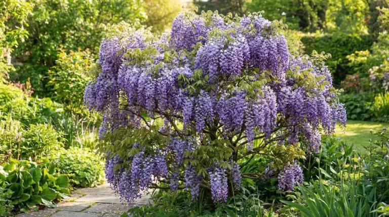 Glicine in fiore con grappoli viola in giardino, cresce senza sostegni e forma un piccolo albero ornamentale