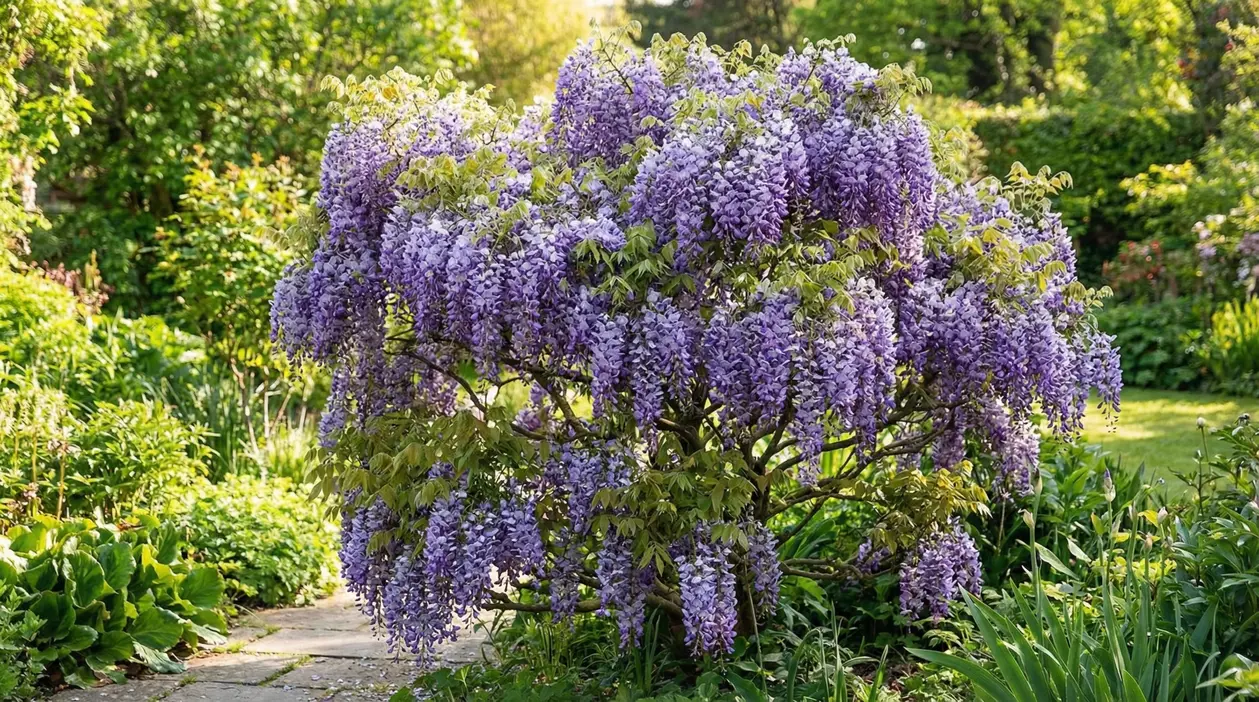 Glicine in fiore con grappoli viola in giardino, cresce senza sostegni e forma un piccolo albero ornamentale