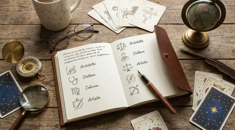 Taccuino aperto con appunti su lavori, carte astrologiche e strumenti su scrivania in legno, tema carriera e segni zodiacali