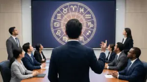 Manager guida una riunione davanti a uno schermo con la ruota dei segni zodiacali, team in ascolto