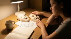 Persona alla scrivania con due maschere emotive e una carta zodiacale, simbolo di cambi d’umore rapidi