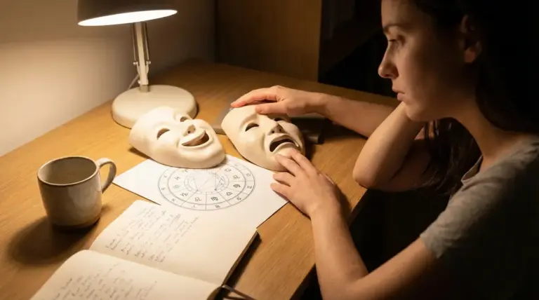 Persona alla scrivania con due maschere emotive e una carta zodiacale, simbolo di cambi d’umore rapidi