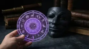 Mano che tiene una ruota dello zodiaco luminosa viola accanto a una maschera scura e libri antichi