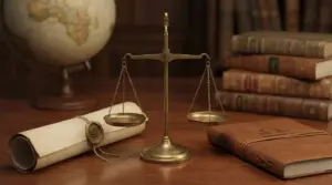 Bilancia in ottone su un tavolo con libri e pergamena, simbolo di equilibrio e diplomazia nello zodiaco