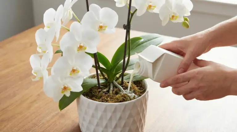 Mani che versano un liquido nutritivo in un vaso con orchidea Phalaenopsis bianca in fiore su un tavolo di legno