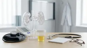 Modello anatomico dei reni con campione di urine e strumenti medici su una scrivania in ambulatorio