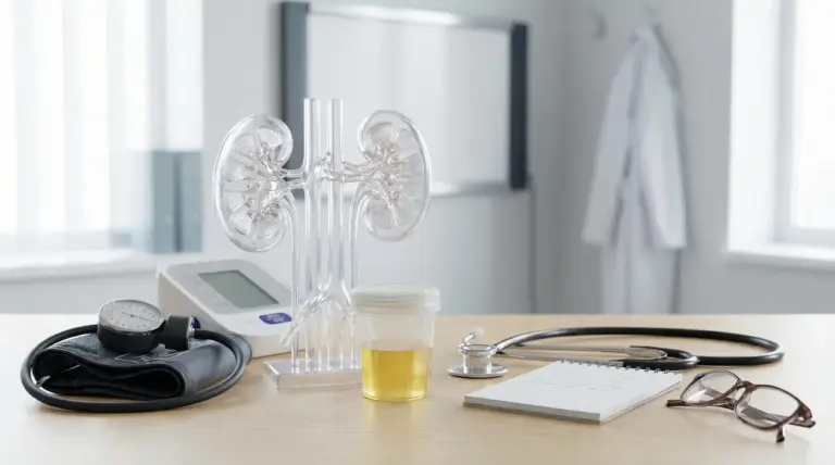 Modello anatomico dei reni con campione di urine e strumenti medici su una scrivania in ambulatorio