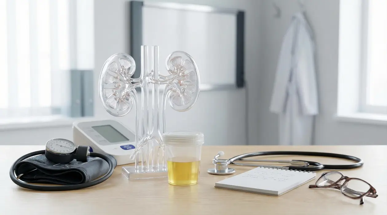 Modello anatomico dei reni con campione di urine e strumenti medici su una scrivania in ambulatorio