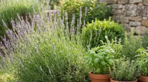 Piante aromatiche in giardino con lavanda in fiore e vasi di basilico e rosmarino vicino a un muretto in pietra
