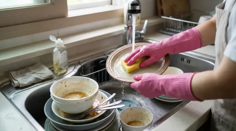 Persona con guanti rosa lava un piatto a mano sotto l’acqua corrente nel lavello della cucina