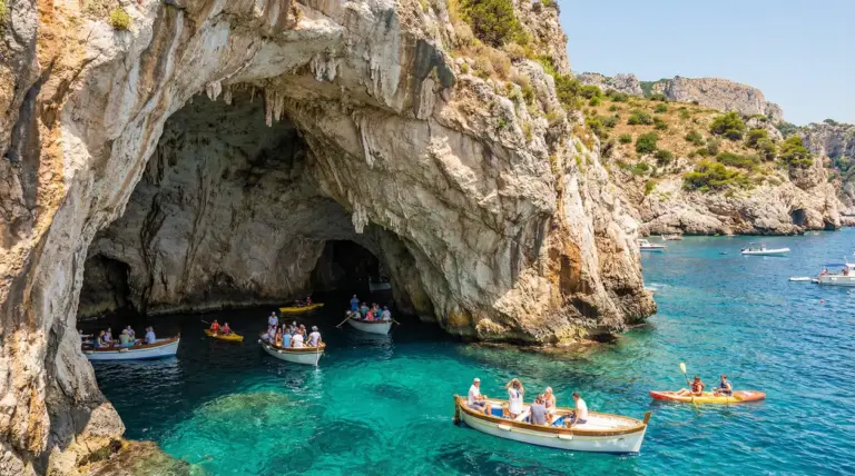 Grotta marina su costa rocciosa con barche e kayak su acqua turchese, visitatori all’ingresso della cavità