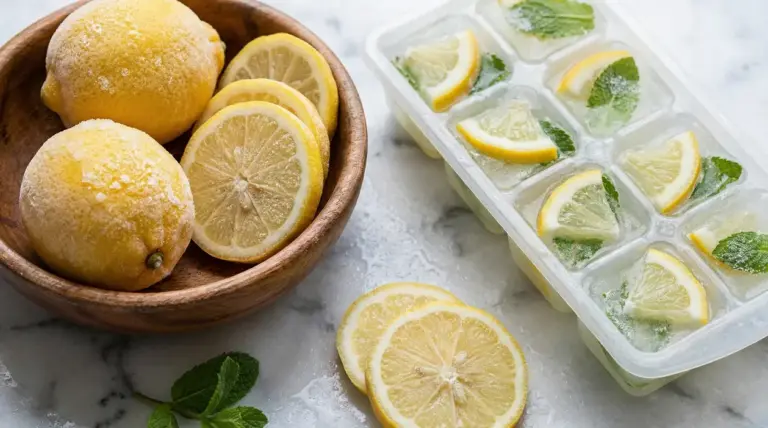 Limoni congelati e fette di limone con menta in una vaschetta per il ghiaccio, accanto a una ciotola di legno