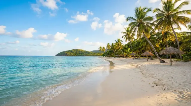 Spiaggia tropicale con palme, ombrelloni in paglia e mare turchese, ideale per vacanze tutto l’anno con poca gente