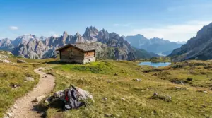 Baita in legno su prato alpino con sentiero, zaino e vista su cime rocciose e lago di montagna