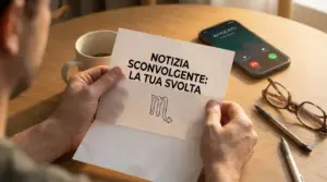 Una persona al tavolo legge una lettera, con smartphone che squilla, tazza di caffè e occhiali accanto
