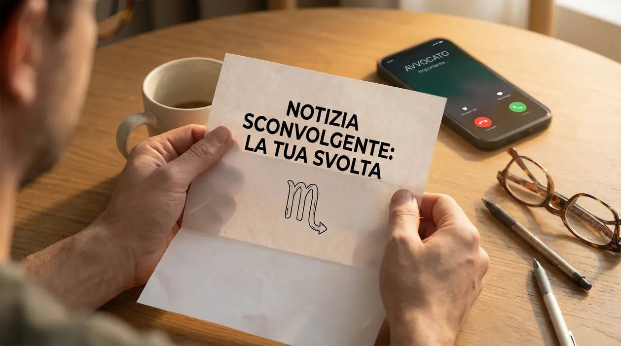 Una persona al tavolo legge una lettera, con smartphone che squilla, tazza di caffè e occhiali accanto
