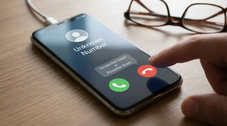 Smartphone con chiamata da numero sconosciuto e dito che sta per rifiutare la chiamata sospetta