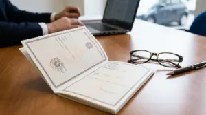 Documento sanitario su una scrivania con occhiali, penna e persona al computer in ufficio