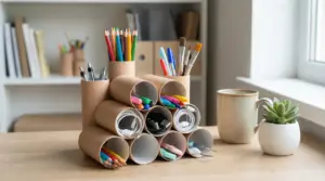 Organizer da scrivania con rotoli di carta igienica riciclati, con matite, pennarelli, pennelli e cavi ordinati
