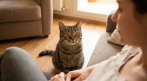 Gatto tigrato seduto sul pavimento che fissa una persona sul divano in soggiorno