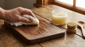 Mano che applica un prodotto naturale su un tagliere di legno con panno, accanto a barattolo e spazzolina